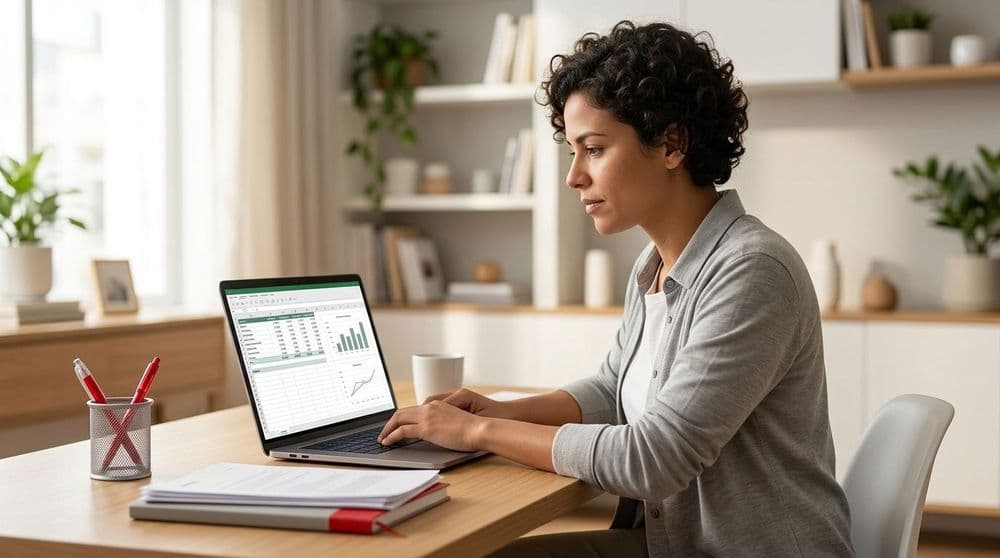 Mulher branca, de cabelo curto cacheado e blusa cinza, sentada em uma mesa de madeira enquanto usa um notebook, aparentemente visualizando uma planilha de custos ou algo do tipo.