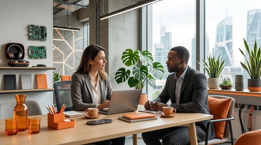 Em um escritório claro e amplo, um homem negro e uma mulher branca de cabelos castanhos conversam, sentados em uma mesa retangular de madeira, com vários objetos de cor laranja pelo ambiente, que também é moderno, como uma startup, e tem várias plantas.